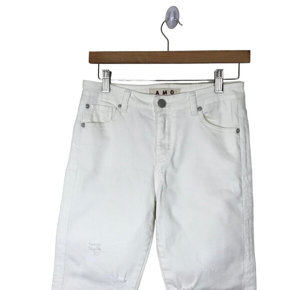 AMO White 5 Pocket Mid Rise Slim Fit Lightly Distressed Raw Hem Jeans Size 27 - Picture 4 of 9
